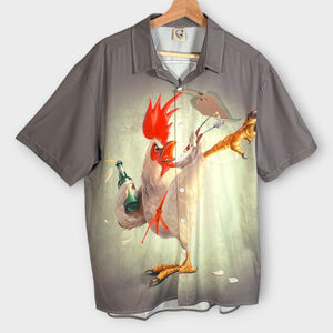 Hardaddy Shirt Mens MEDIUM Short Sleeve Gongfu Rooster Chicken Hawaiian NWT